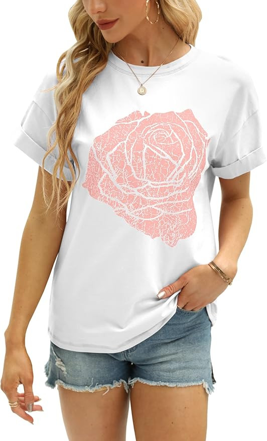 Women's Rose Graphic T Shirt Loose Fit Summer Casual Tee Short Sleeve Crew Neck Tops | Amazon (US)