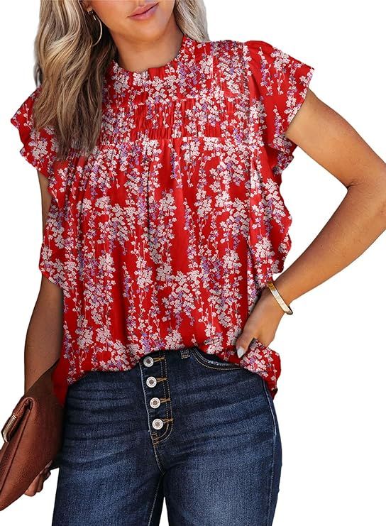 Dokotoo Womens Summer Tops Casual Crewneck Floral Print Shirts Smocked Ruffle Short Sleeve Babydo... | Amazon (US)
