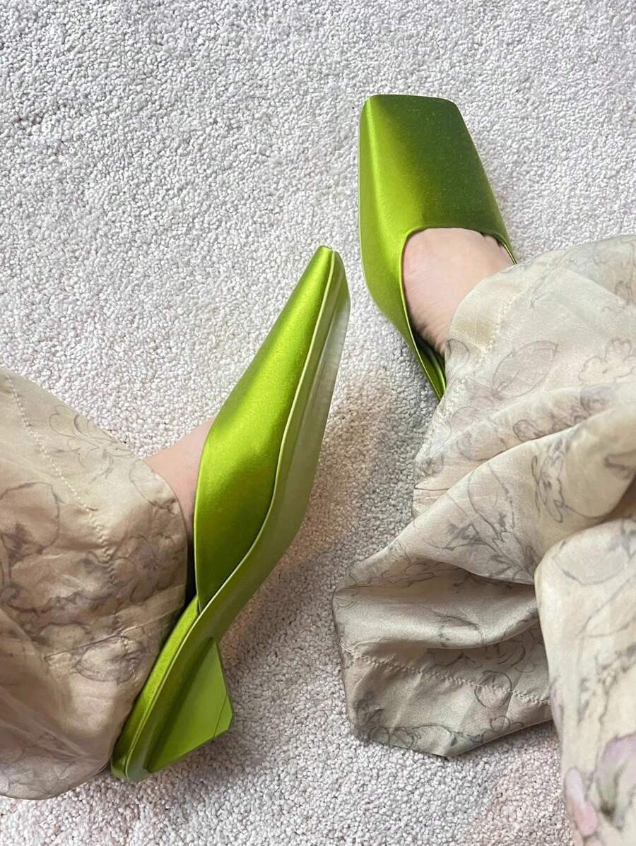 Women's Satin Slingback Mules Fashion Square Toe Thick Kitten Heel Slip On Slides Closed Toe Part... | SHEIN