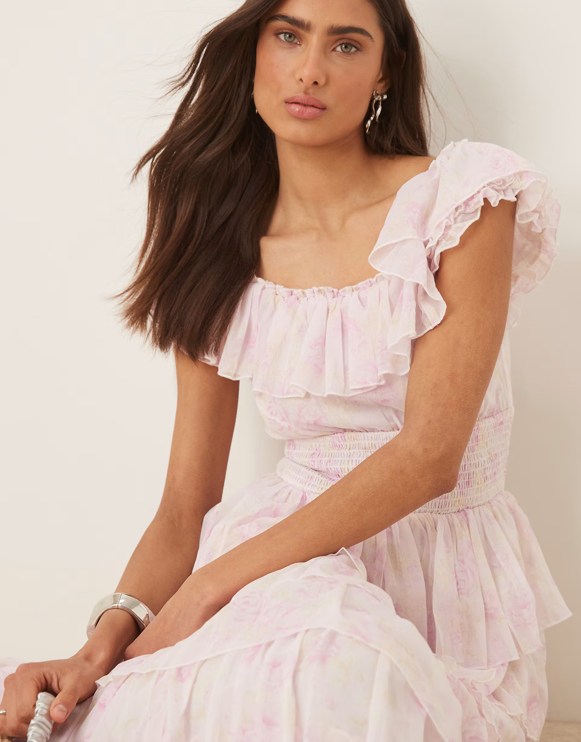 Amy Jane London Aurelia tiered maxi dress with shirred waist in pink floral | ASOS (Global)