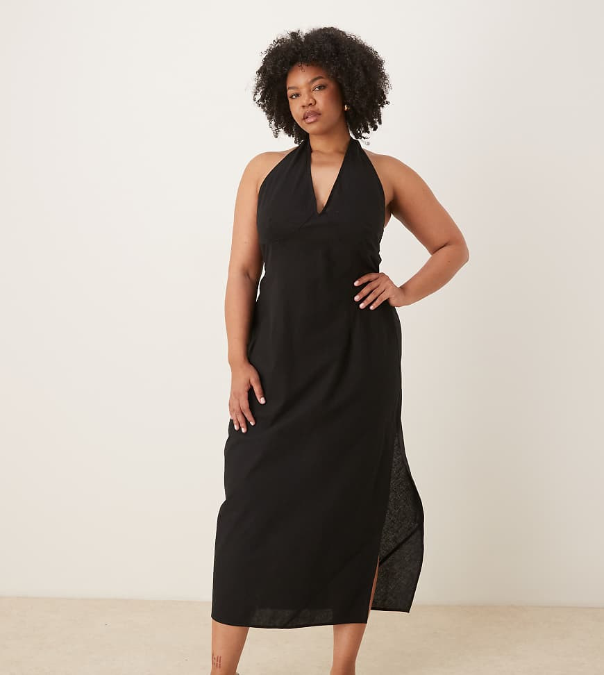 ASOS DESIGN Curve cotton linen halter neck midi sundress with sculpted bust in black | ASOS (Global)
