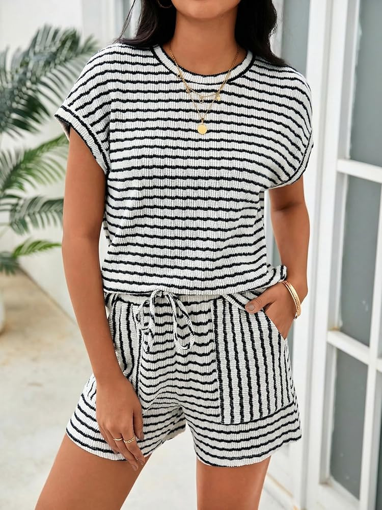 Tankaneo Womens Striped Summer 2 Piece Short Sets Short Sleeve T Shirts Drawstring Shorts Casual ... | Amazon (US)
