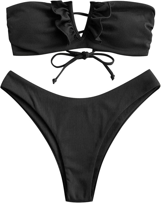 ZAFUL Women V-Wired Ruffle Ribbed Bandeau Bikini, Lace Up Bikinis Strapless Two Pieces Swimsuit | Amazon (US)