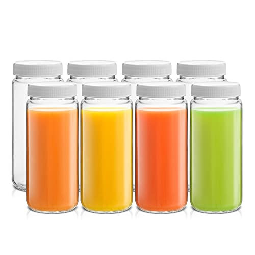 JoyJolt 16 oz Reusable Glass Bottles with Caps. Set of 8 Juicing Bottles With Lids and Juice Jars Labels. Glasses for Cold Brew, Smoothie | Amazon (US)