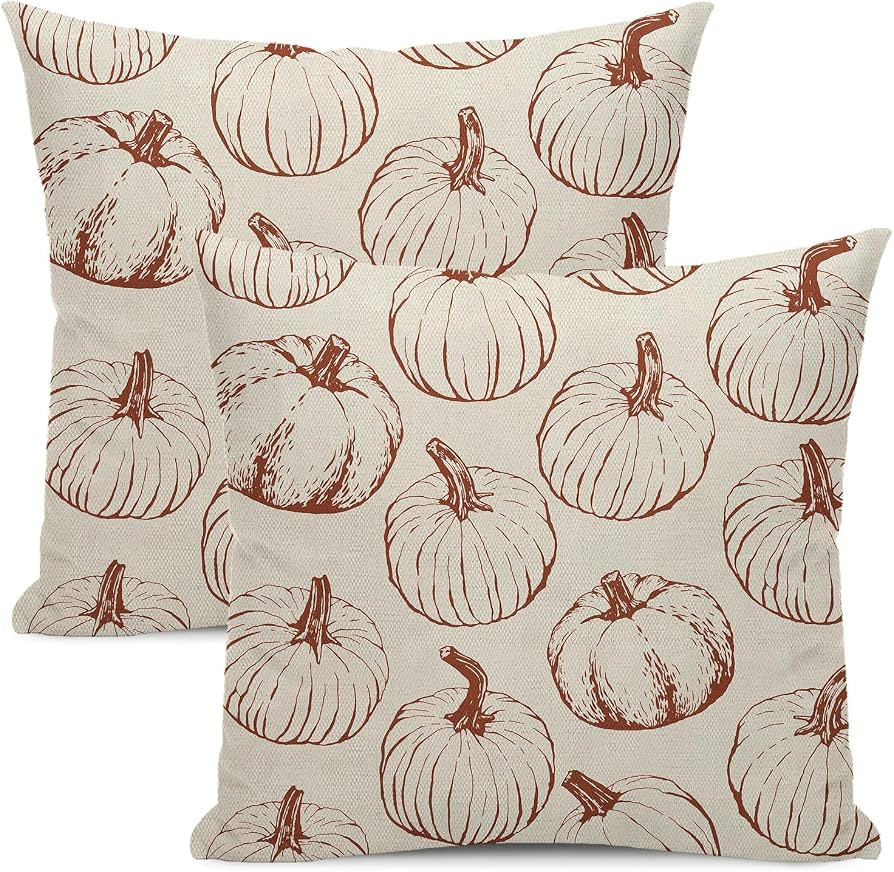 Fall Pillow Covers 18 x 18 Set of 2 Brown Pumpkin Throw Pillow Covers Autumn Harvest Thanksgiving... | Amazon (US)