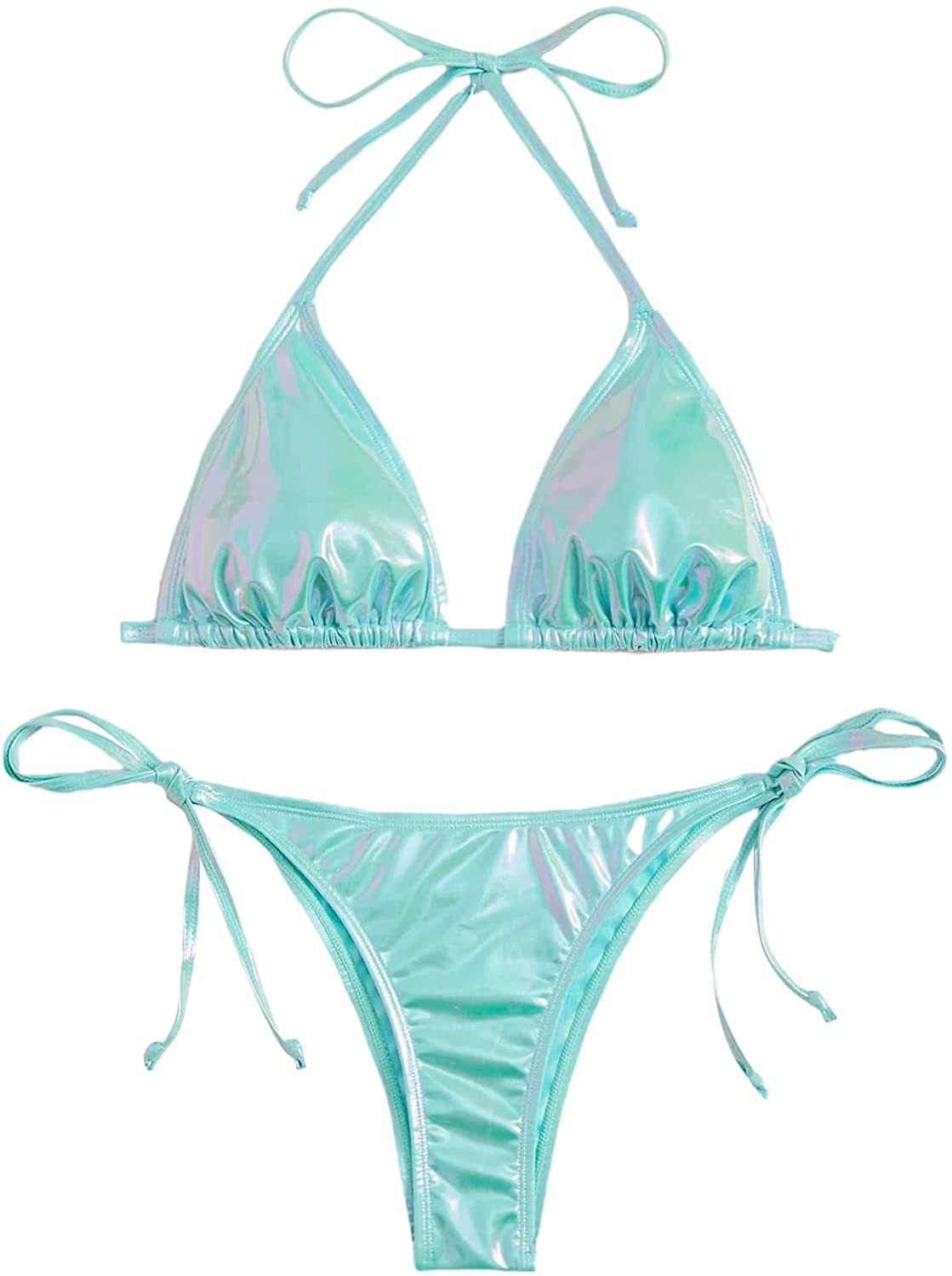 SOLY HUX Women's Metallic Halter Top Two Piece Swimsuit Tie Side Triangle Bikini | Amazon (US)