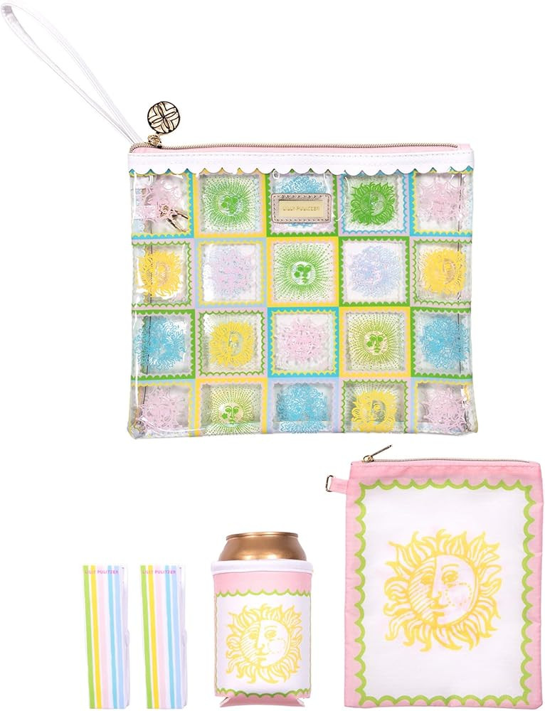 Lilly Pulitzer Water Resistant Vinyl Beach Day Pouch, Zipper Bag Includes Drink Hugger, Small Pou... | Amazon (US)