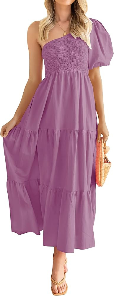 Zenlonr Women's Summer One Shoulder Maxi Dresses 2023 Casual Soild Puff Sleeve Smocked Tiered Ruf... | Amazon (US)