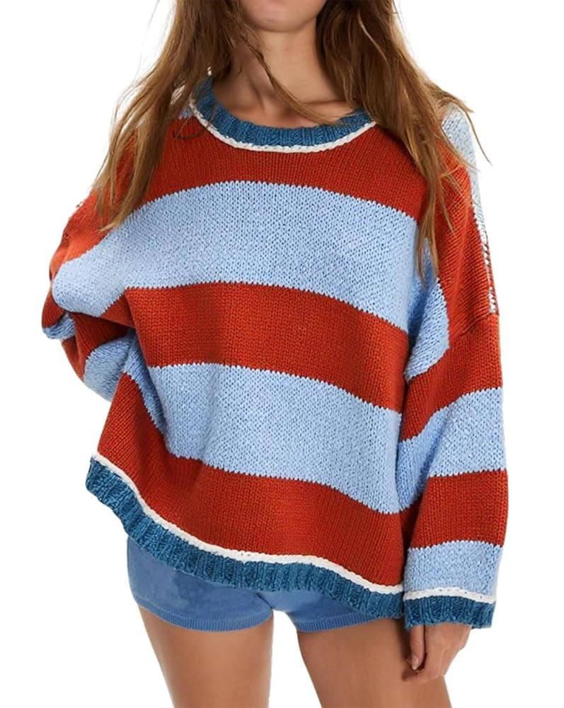 Womens Fall Color Block Striped Sweater Crewneck Long Sleeve Loose Pullover Sweaters Knitted Tops | Amazon (US)
