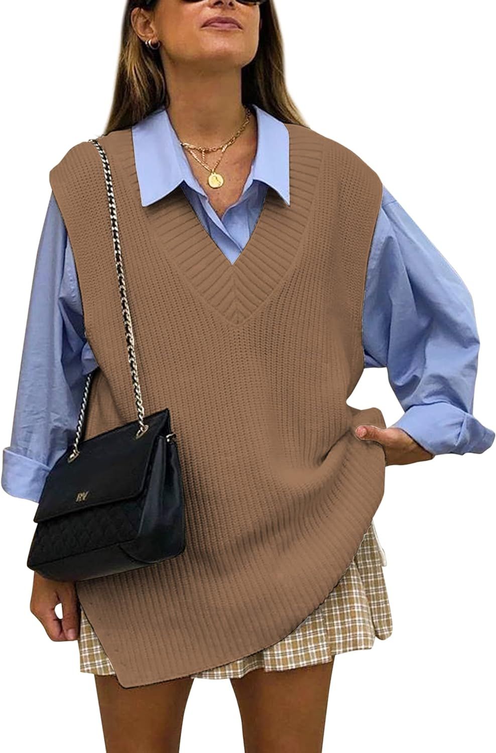 SAFRISIOR Women Oversize Sweater Vest V Neck Sleeveless Knitted Jumper Casual Pullover Sweater Pr... | Amazon (US)
