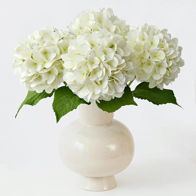 White Silk Hydrangea Artificial Flowers Large Heads with Long Stems Green Leaves Faux Real Touch ... | Amazon (US)