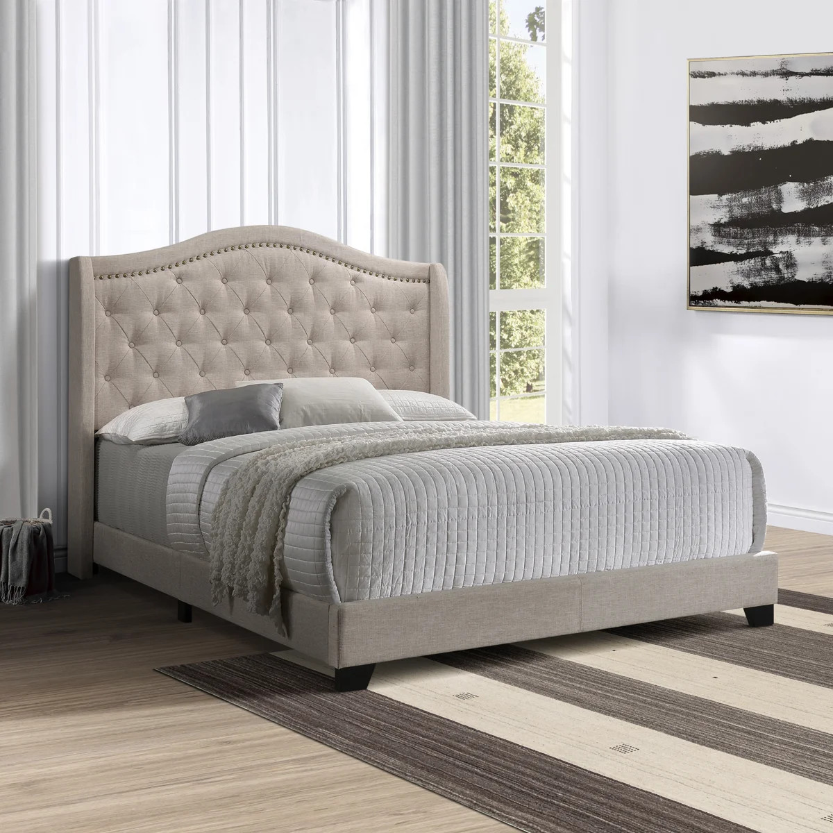 Aquira Upholstered Eastern King Wingback Bed Beige | Wayfair North America
