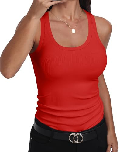 GEMBERA Womens Scoop Neck Sleeveless Racerback Ribbed Knit Slim Fitted Basic Tank Top Shirt(3955 Red M) | Amazon (US)