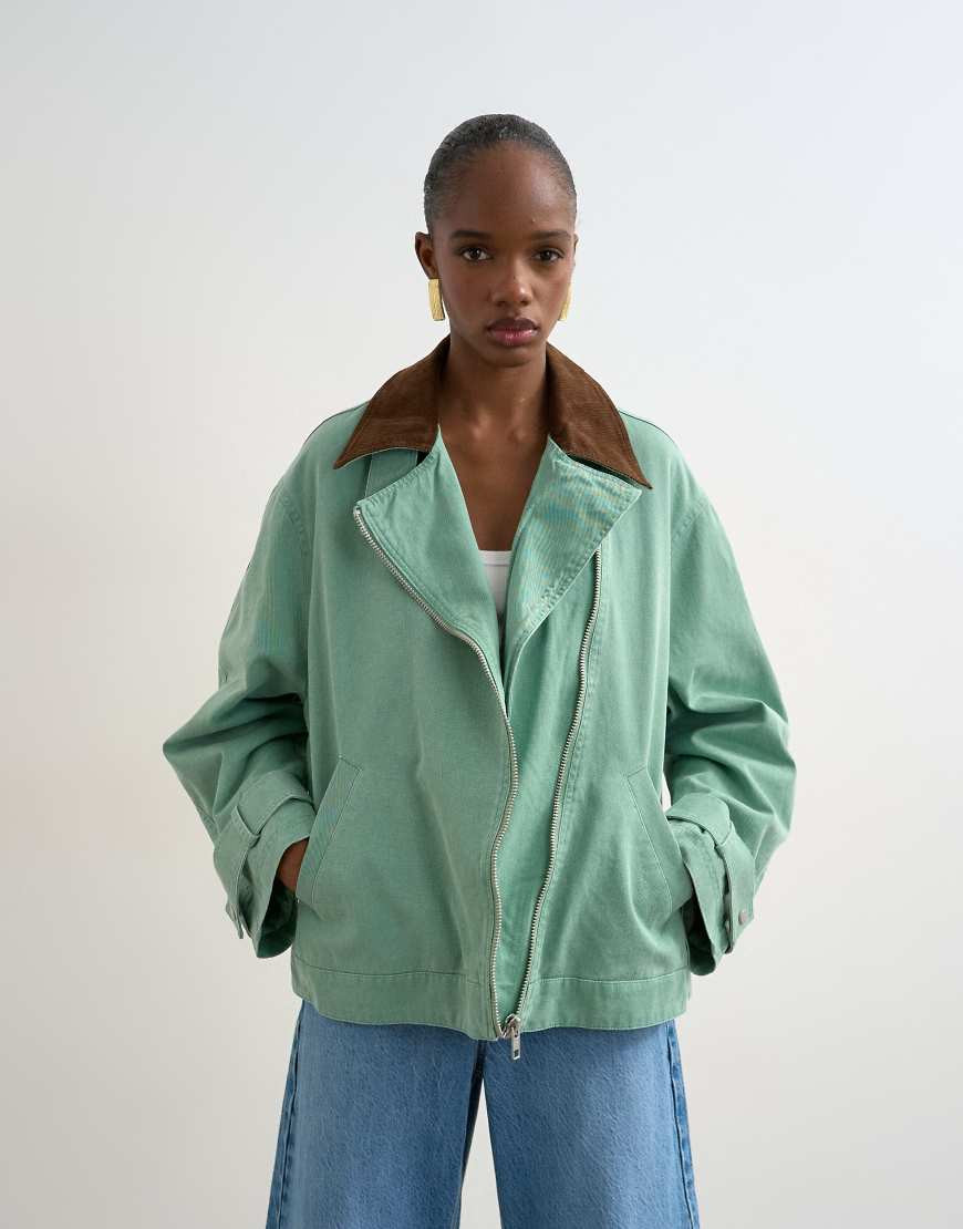 Topshop washed zip front jacket with contrast corduroy collar in turquoise-Blue | ASOS (Global)