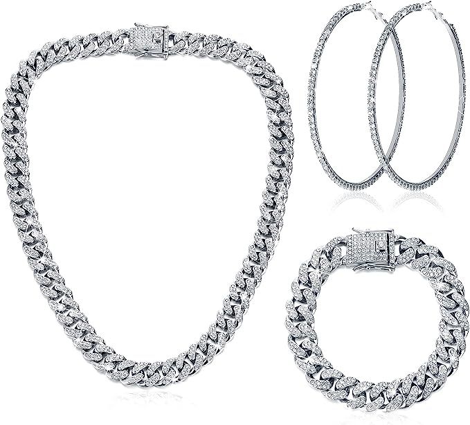 Cuban Link Chain Necklace Bracelet Rhinestone Hoop Earrings Set Bling Necklace Bracelet Crystal B... | Amazon (US)