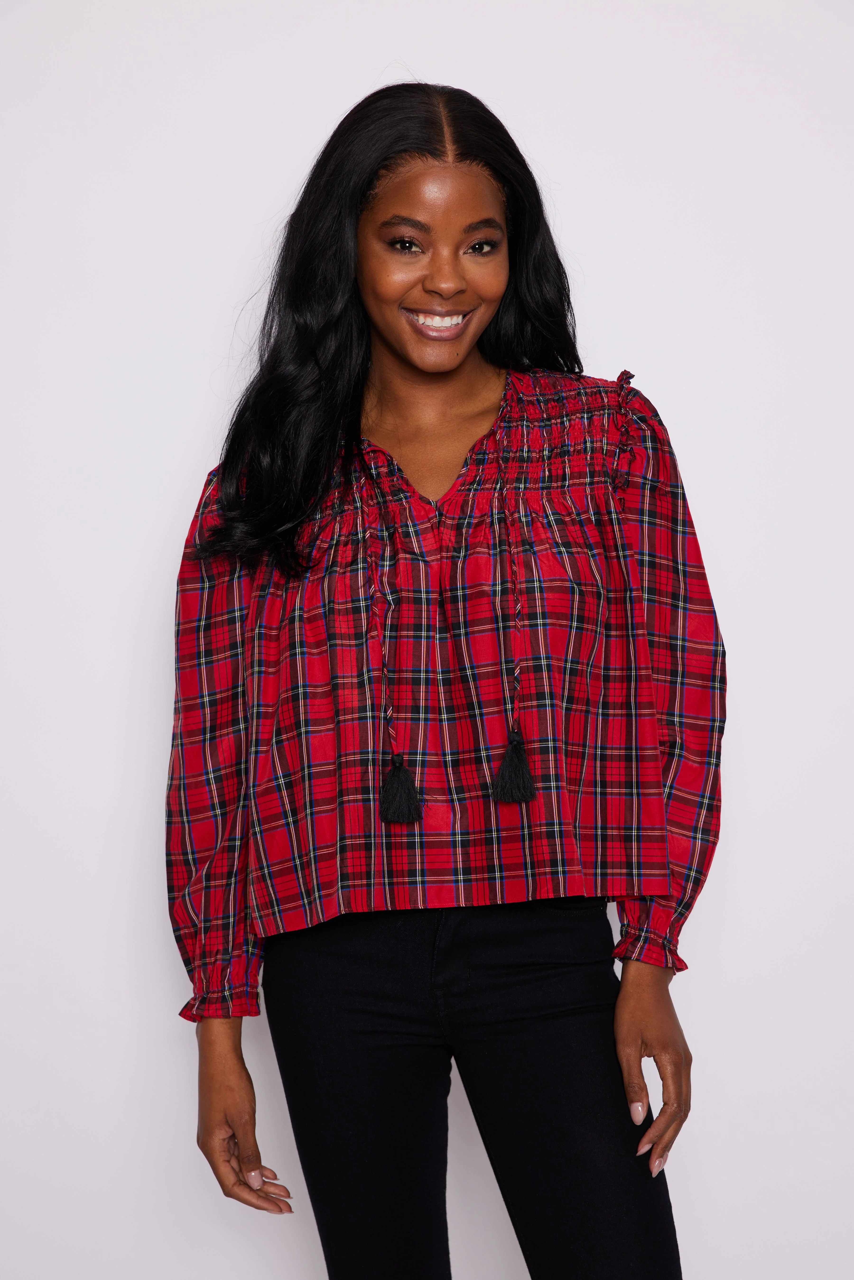 Red Tartan Long Sleeve Tassel Front Blouse | Sail to Sable