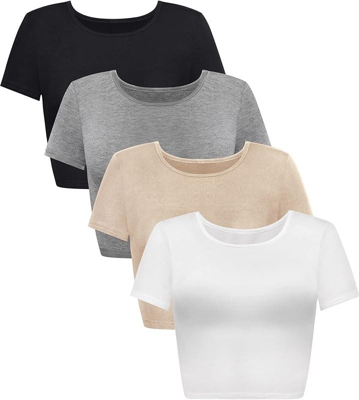4 Pack Women's Basic Tight Short Sleeve Women Cute Trendy Crop Tops Scoop Neck Crop for Women or ... | Amazon (US)