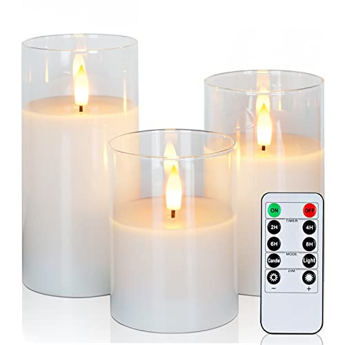 Amagic Clear Glass Flameless Candles Battery Operated with Timer, Remote Control, LED Pillar Candles, Battery Powered, Pure White Wax, Set of 3 | Amazon (US)