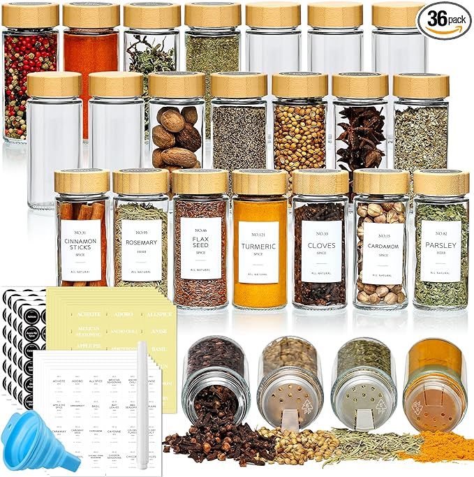 NETANY 36 Pcs Spice Jars with Bamboo Lids - 4 oz Round Glass Spice Jars with Labels , Minimalist ... | Amazon (US)