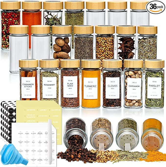 NETANY 36 Pcs Spice Jars with Bamboo Lids - 4 oz Round Glass Spice Jars with Labels , Minimalist ... | Amazon (US)