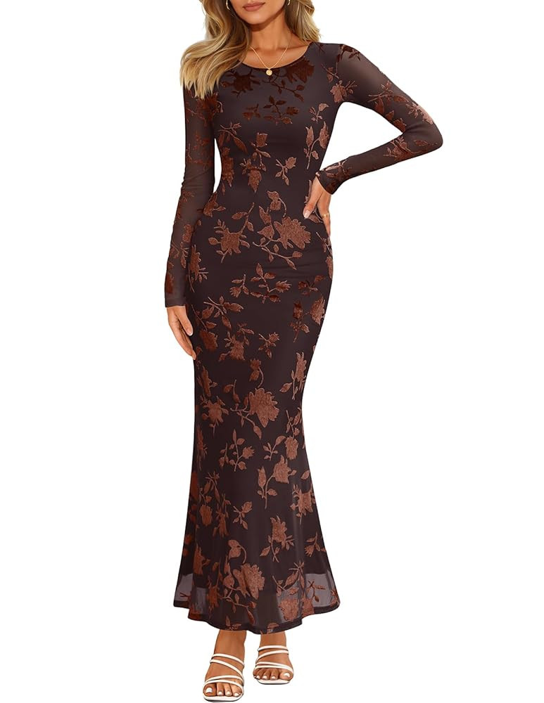 MEROKEETY Women's Fall Long Sleeve Maxi Dresses Bodycon Floral Mesh Sexy Wedding Guest Cocktail P... | Amazon (US)