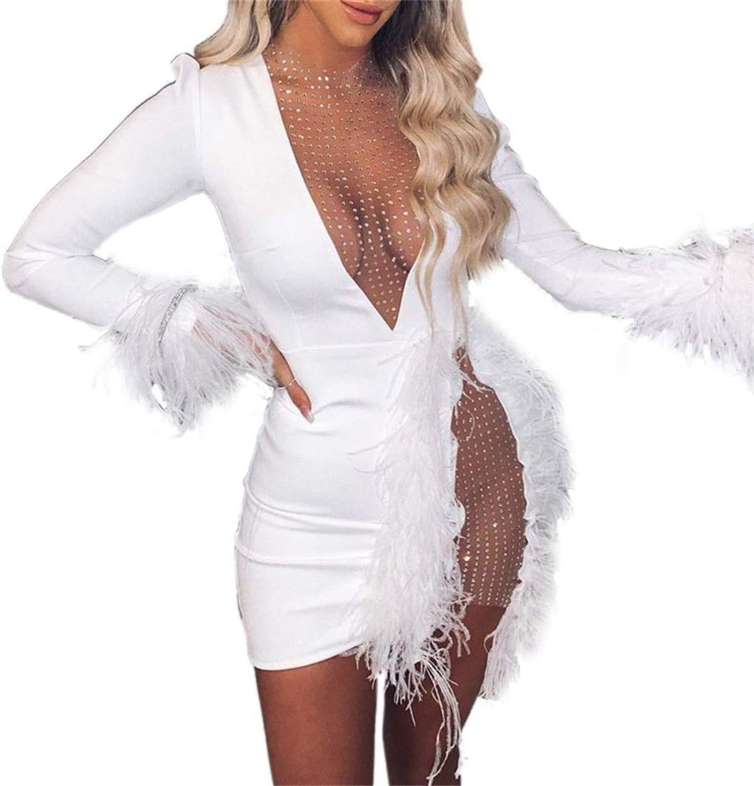 Nhicdns Women Sexy Club Dress Long Sleeve Deep V Neck Party Mini Dresses Feather Sequin Bodysuit | Amazon (US)