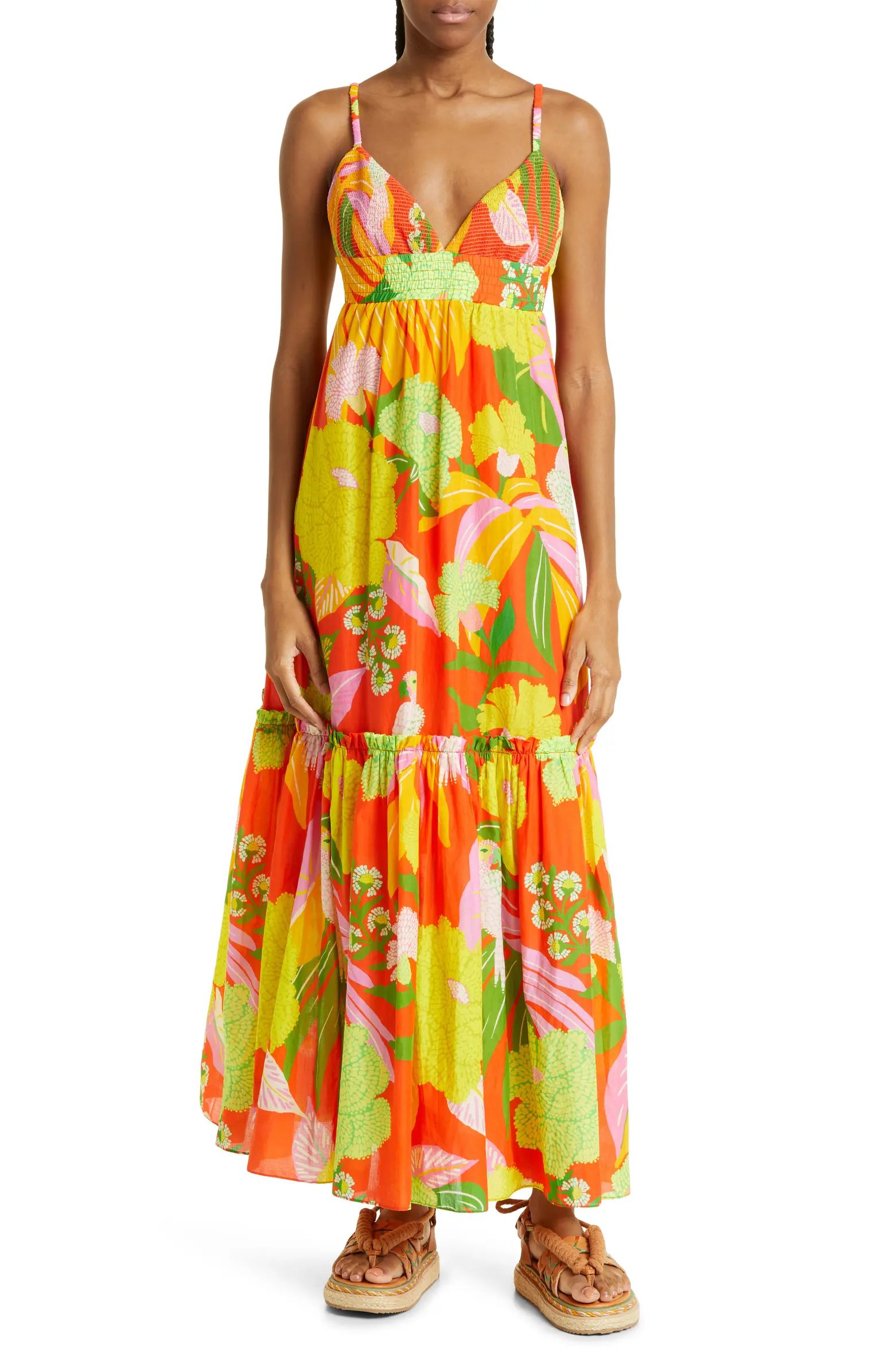 Neon Floral Tiered Cotton Maxi Dress | Nordstrom