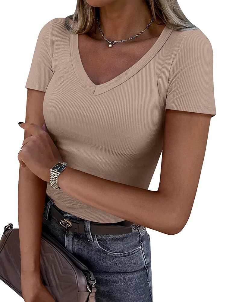 ANRABESS Women Short Sleeve V Neck Ribbed Knit Fitted Shirts Basic Tees Tops 2025 Summer Casual T... | Amazon (US)