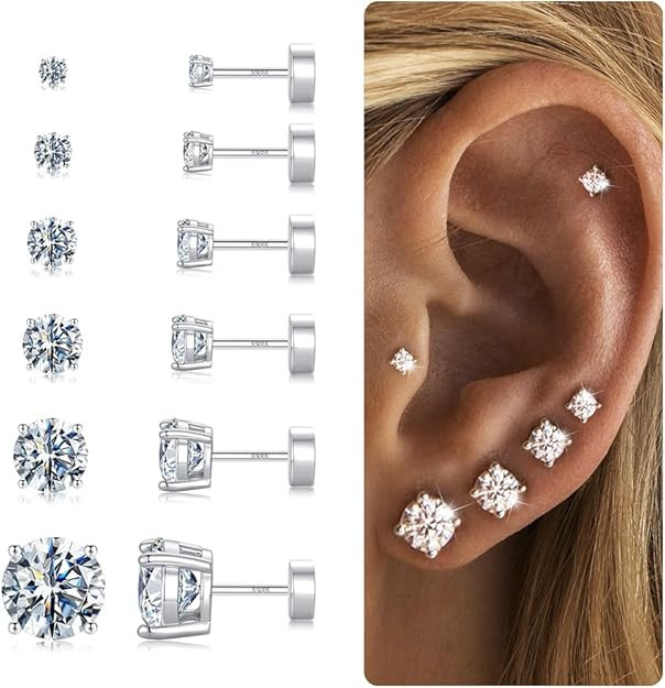 Hypoallergenic Silver Flat Back Earrings for Women,Stud Cartilage Earrings for Sensitive Ears Cub... | Amazon (US)