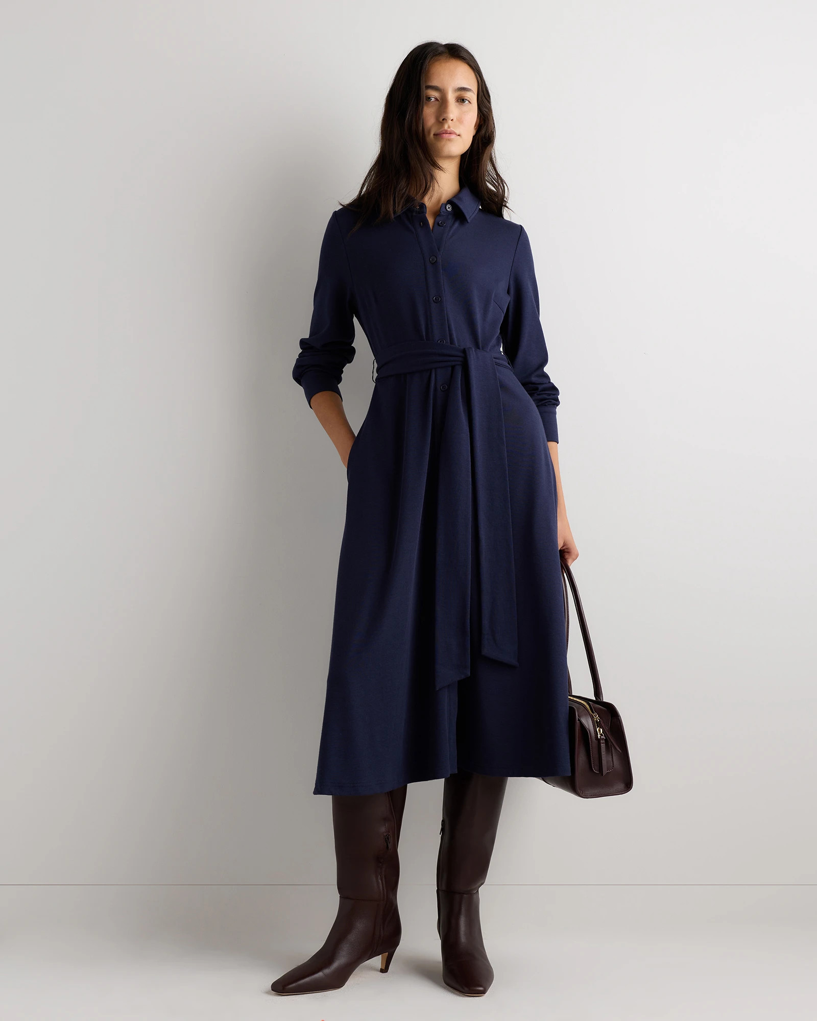 Quince | Women's Tencel Modal Knit Midi Shirt Dress in Faded Maroon, Size Small | Quince