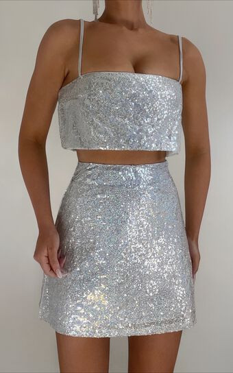Elswyth Top - Strappy Sequin Crop Cami Top in Silver | Showpo (US, UK & Europe)