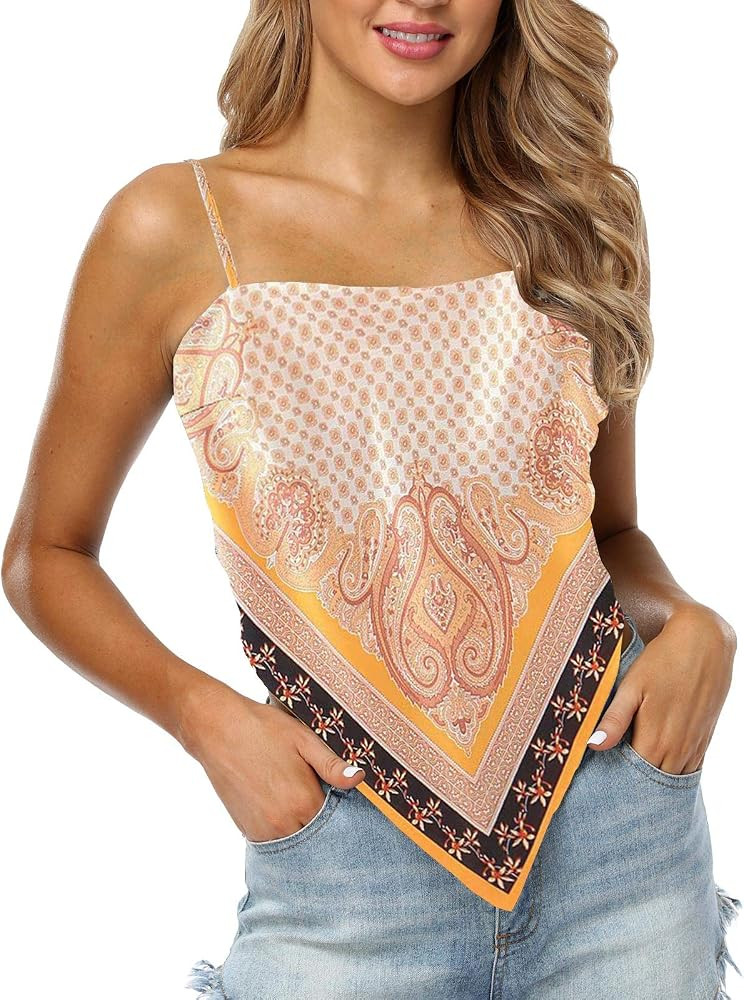 Women's Paisley Print Tie Back French Knot Hanky Hem Spaghetti Straps Handkerchief Cami Bandana T... | Amazon (US)