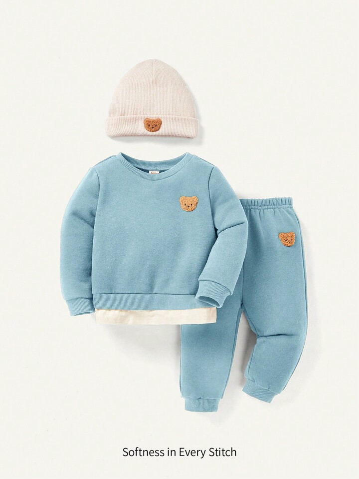 Cozy Cub Baby Boys' Adorable Bear Pattern Sweatshirt, Pants And Hat Set | SHEIN
