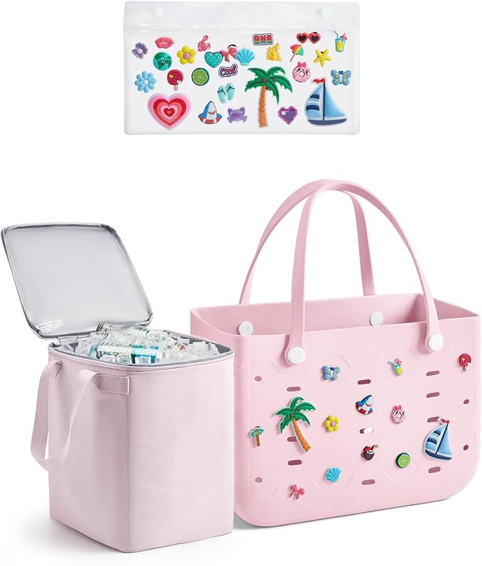 BAGSMART Large Beach Bag with Cooler, 2 Set Rubber Tote Bag with Charms, Waterproof Vacation Esse... | Amazon (US)