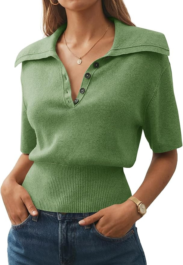 Saodimallsu Womens Polo Sweater Top Summer Short Sleeve Button V Neck Collared Trendy Ribbed Hem ... | Amazon (US)