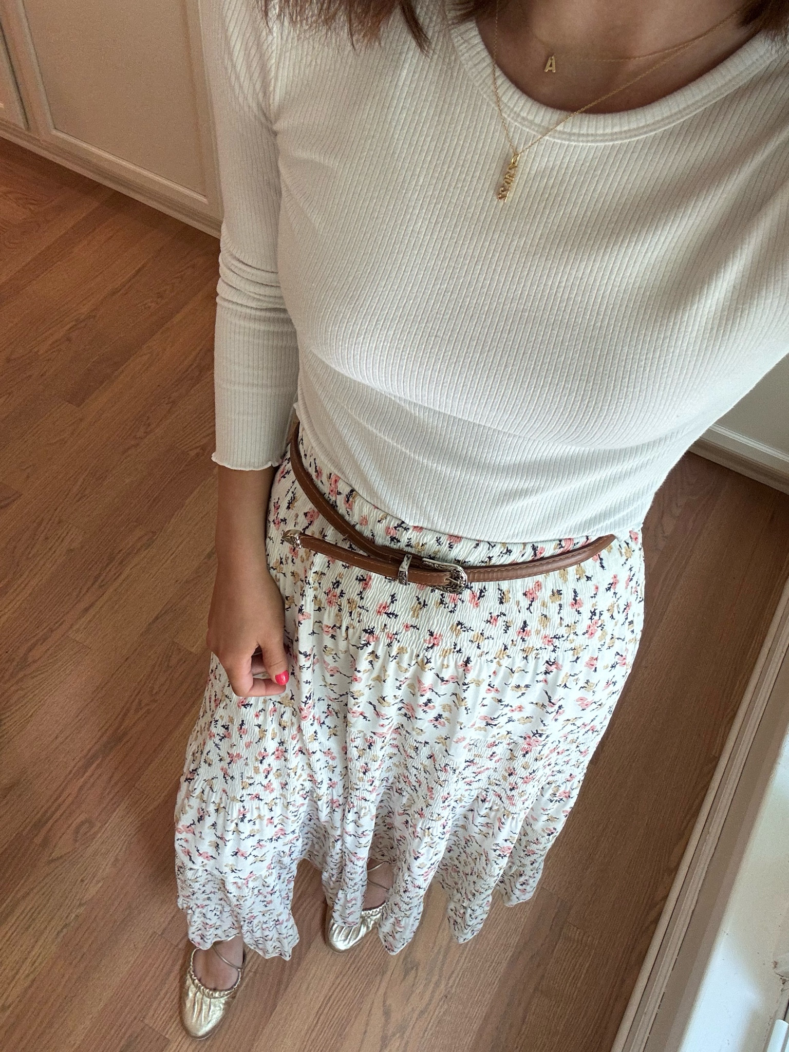 Floral midi skirt : wearing s
White long sleeve : wearing s
Brown belt 
Gold flats : fit tts

Summer outfit // church outfit // summer skirt // Amazon finds // dolce vita // mom style // 

#LTKStyleTip #LTKSeasonal #LTKFindsUnder50