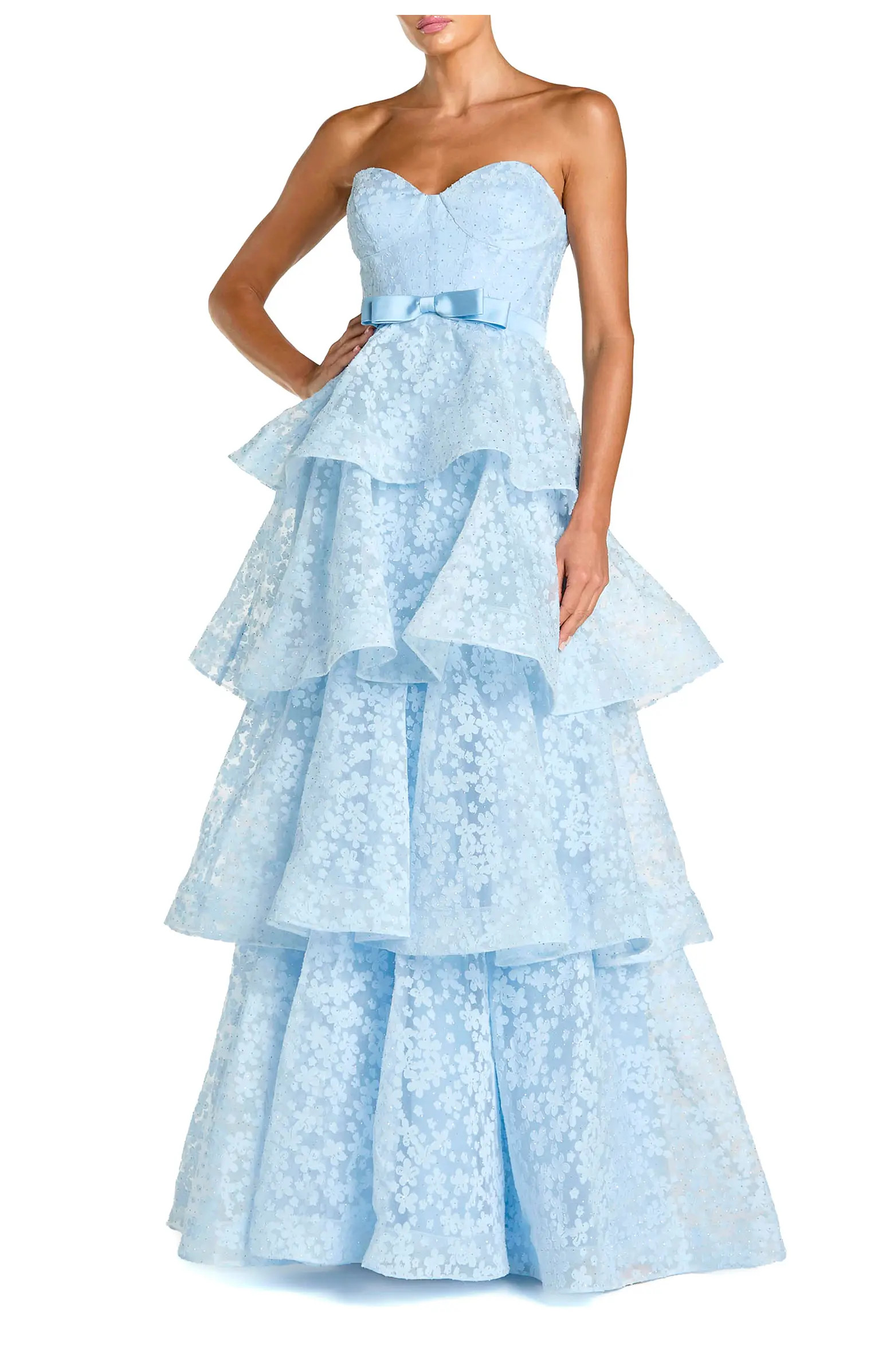 Strapless Floral Organza Tiered Gown with Bow | Nordstrom