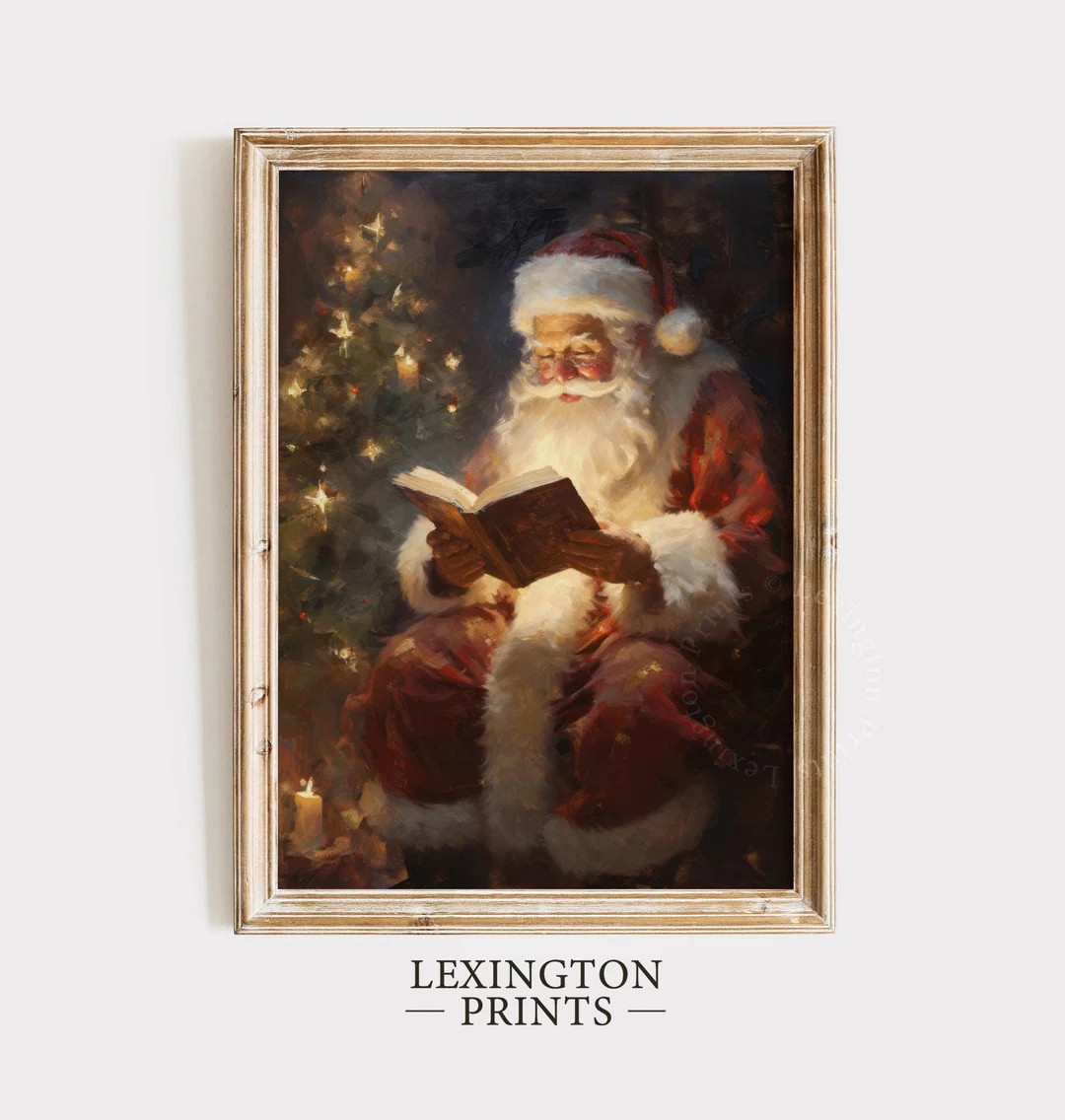 Vintage Christmas Wall Art Santa Reading Book Printable Christmas Oil Painting Cottagecore Decor ... | Etsy (US)