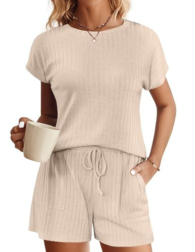 Ekouaer Pajamas Set for Women 2 Piece Pjs Ribbed Knit Lounge Set Cap Sleeve Loungewear Sleepwear Beige S | Amazon (US)