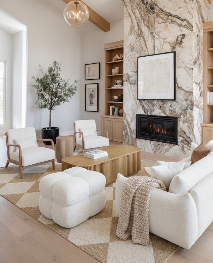 A serene blend of warmth and modern comfort. This living room layers creamy textures with natural tones. The ivory boucle sofa and sculptural cloud ottoman create a cozy yet refined focal point, accented by a taupe chunky knit throw for added softness. The light oak slatted coffee table brings sculptural warmth, complemented by matching wood armchairs with off white cushions that balance structure and ease. Grounding the space, the cream and tan diamond rug adds subtle pattern and warmth. Behind, a dramatic marble fireplace with rich veining draws the eye upward, framed by light oak built ins and neutral wall art that complete the space with quiet sophistication.

✨ Shop the look:
Ivory boucle sofa | Cloud ottoman | Chunky knit throw | Light oak slatted coffee table | Oak armchairs | Cream and tan diamond rug | Marble fireplace | Neutral framed art | Oak built-ins | Globe pendant light | Black planter with olive tree 

#LTKHome #LTKSaleAlert