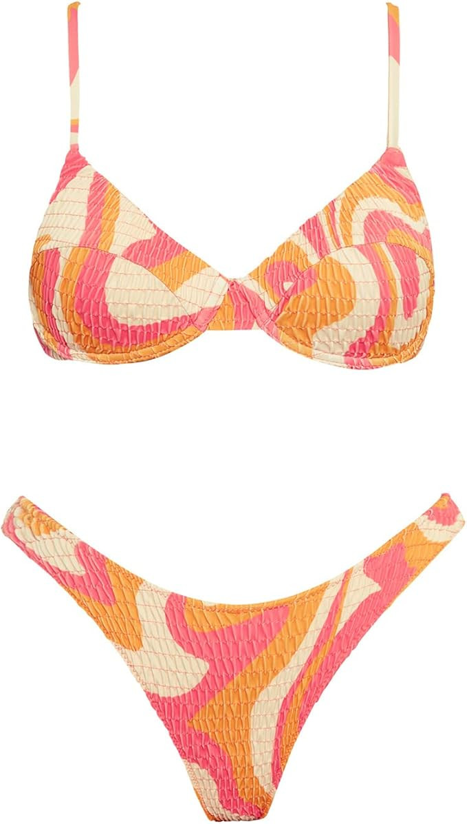 VOLAFA Women's Push Up Swimsuit Triangle Bikini Elastic Smocked Ruched Two Piece Bathing Suit | Amazon (US)
