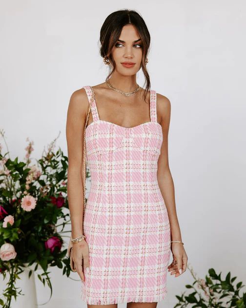 Chantal Tweed Frayed Hem Mini Dress - Pink | VICI Collection