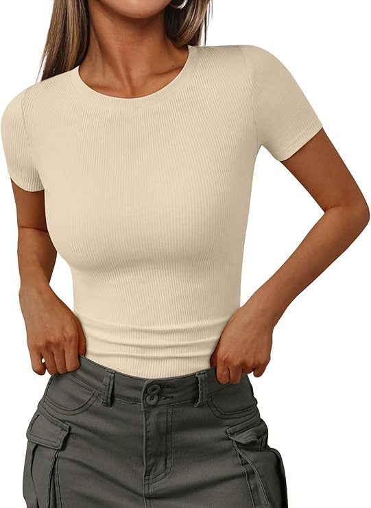 Trendy Queen Women's Crewneck Ribbed Knit Fitted T-Shirt | Amazon (US)