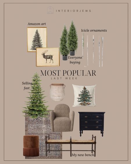 Most popular last week, most clipped, black chest of drawers, vintage Licking chestset, the Christmas tree from Amazon that everyone’s buying because it’s 50% off, art from Amazon, set of Christmas trees for your planters, brand new loloi rug from Amber Louis, Christmas, pillow, perfect for your porch, fringed, ottoman, modern accent chair, icicle ornaments from Amazon that own and love! 

#LTKhome #LTKsalealert #LTKHoliday