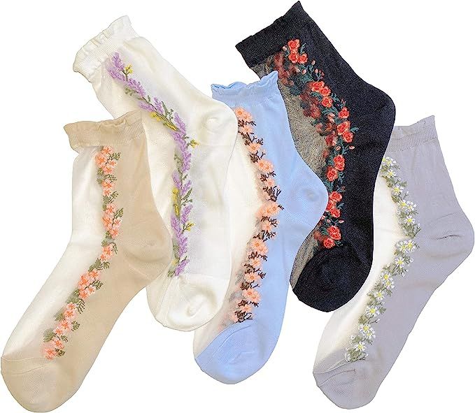 4/5Pack Socks for Women Daily Casual Fashion (Assorted/NoShow, Ankle, Crew/Flower, Transparent, N... | Amazon (US)