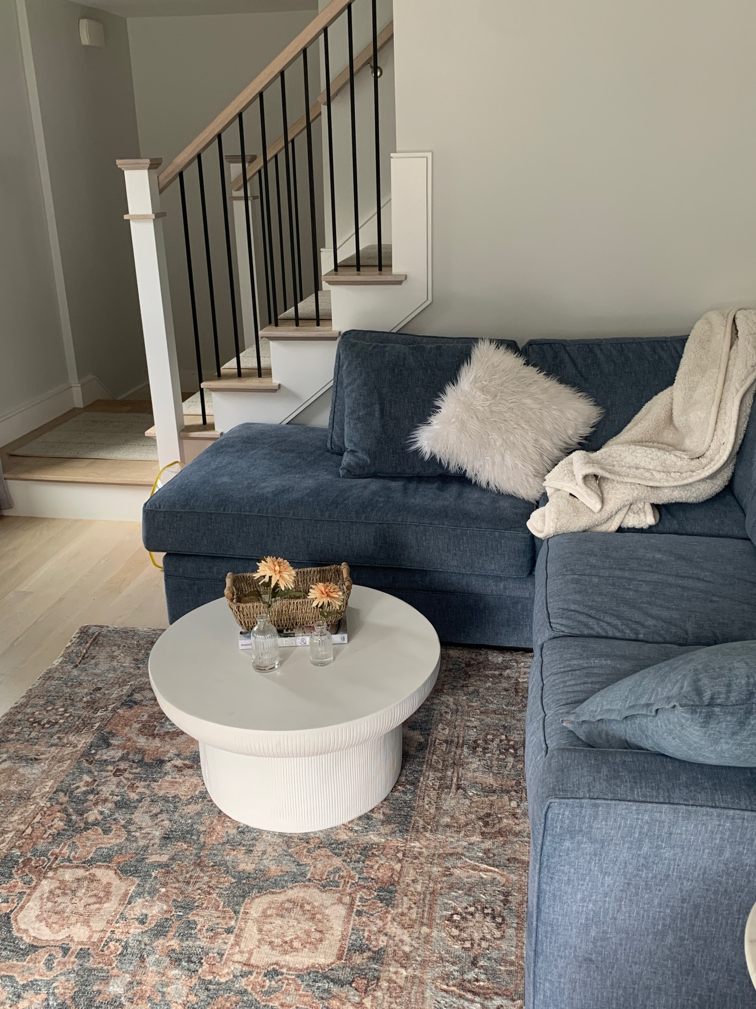 New living room rug. Blends perfectly with my blue couch and neutral tones, warming up the space with tan and salmon accents. 

Persian rug, neutral rug, terracotta rug, blue rug 