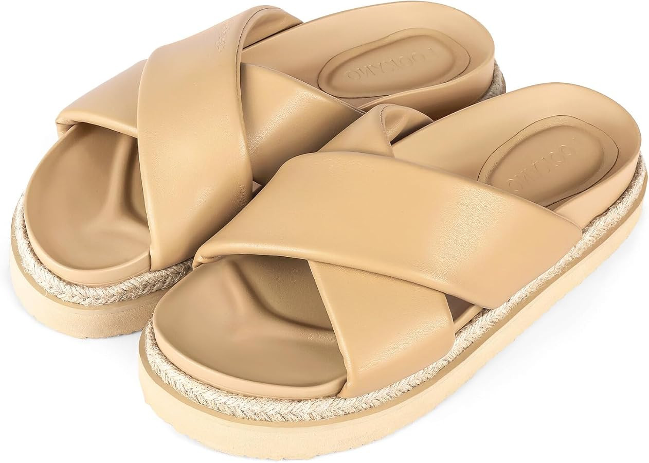 Platform Sandals for Women 2025 Raffia Espadrilles Slides Slip On Open Toe Summer Sandals with Cr... | Amazon (US)