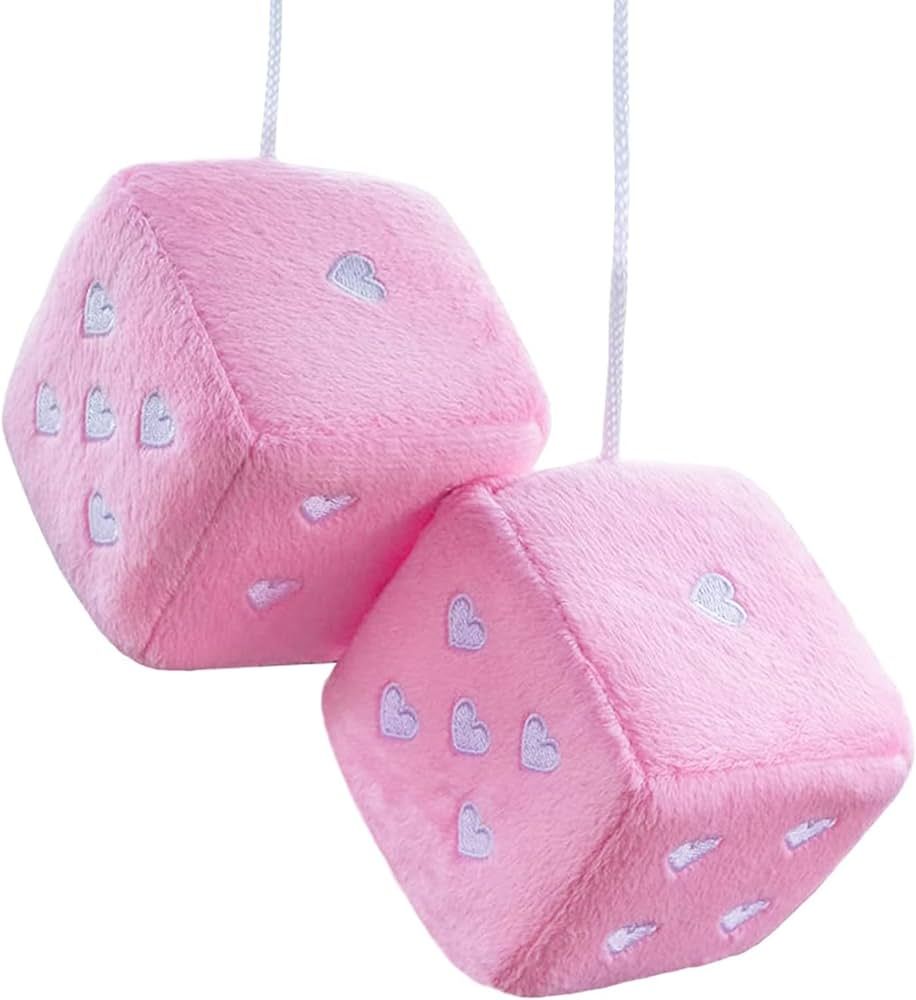 Pair 3” Pink Fuzzy Plush Dice Heart Shape Decor for Car Rearview Mirror, Retro Square Decoratio... | Amazon (US)