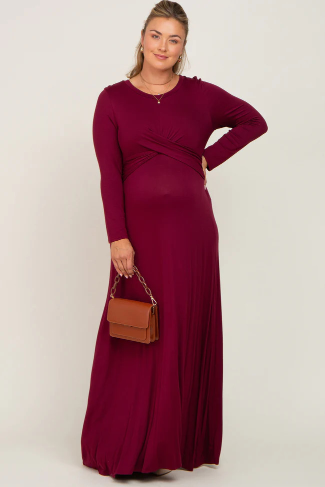 Burgundy Front Twist Long Sleeve Maternity Plus Maxi Dress | PinkBlush Maternity