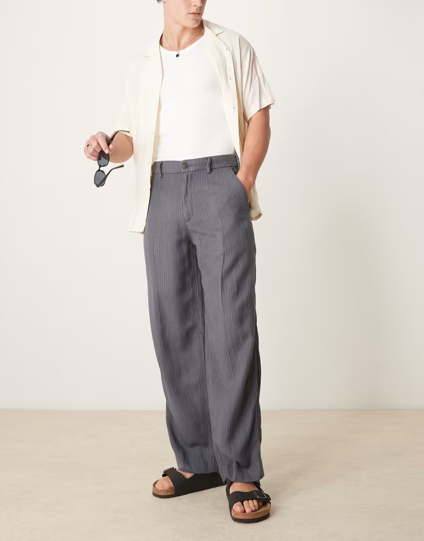 Abercrombie & Fitch tailored linen blend baggy trousers in pinstripe grey | ASOS (Global)